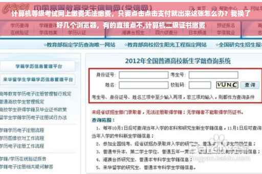 计算机等级考试网上缴费无法缴费，只要点击点击支付就出来这张怎么办？我换了好几个浏览器，有的直接点不,计算机二级证书缴费