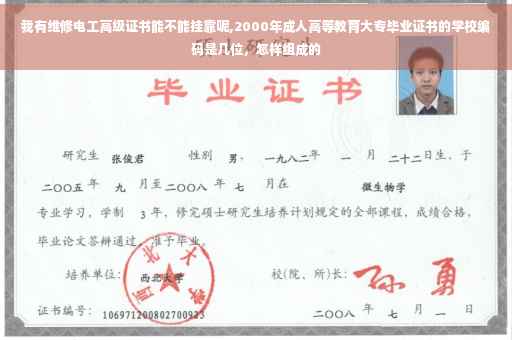 我有维修电工高级证书能不能挂靠呢,2000年成人高等教育大专毕业证书的学校编码是几位,怎样组成的 我有维修电工高级证书能不能挂靠呢,2000年成人高等教育大专毕业证书的学校编码是几位,怎样组成的