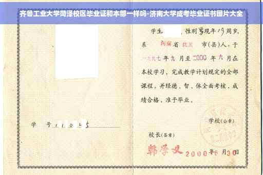 齐鲁工业大学菏泽校区毕业证和本部一样吗-济南大学成考毕业证书图片大全