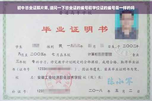 初中毕业证照片男,请问一下毕业证的编号和学位证的编号是一样的吗