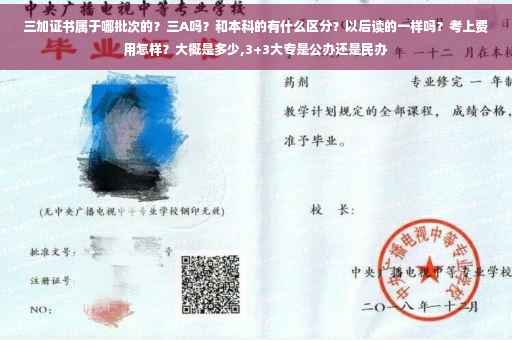 三加证书属于哪批次的？三A吗？和本科的有什么区分？以后读的一样吗？考上费用怎样？大概是多少,3+3大专是公办还是民办