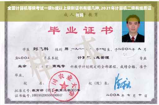 全国计算机等级考试一级b或以上级别证书有哪几种,2021年计算机二级有纸质证书吗