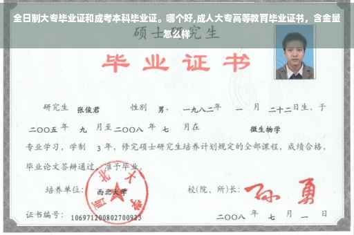 全日制大专毕业证和成考本科毕业证。哪个好,成人大专高等教育毕业证书，含金量怎么样
