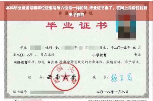 本科毕业证编号和学位证编号后六位是一样的吗,毕业证书丢了，在网上是否能找到电子档的