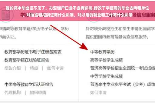 我的高中毕业证不见了，办深圳户口会不会有影响,修改了学信网的毕业去向和单位，对档案和报到证有什么影响，对以后的就业和工作有什么影响