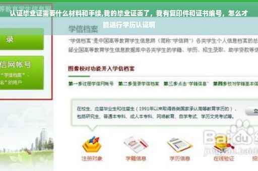 认证毕业证需要什么材料和手续,我的毕业证丢了，我有复印件和证书编号，怎么才能进行学历认证啊
