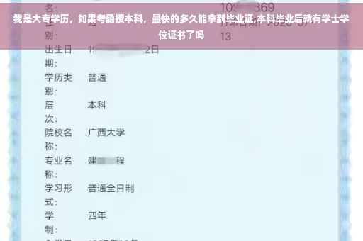 我是大专学历，如果考函授本科，最快的多久能拿到毕业证,本科毕业后就有学士学位证书了吗