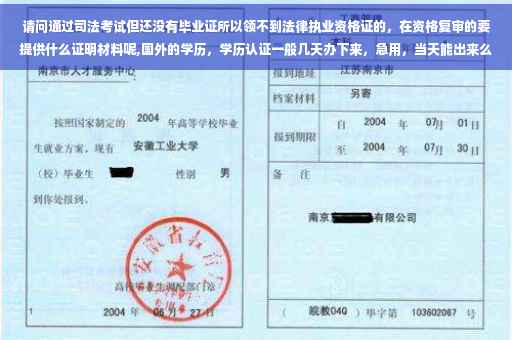 请问通过司法考试但还没有毕业证所以领不到法律执业资格证的，在资格复审的要提供什么证明材料呢,国外的学历，学历认证一般几天办下来，急用，当天能出来么