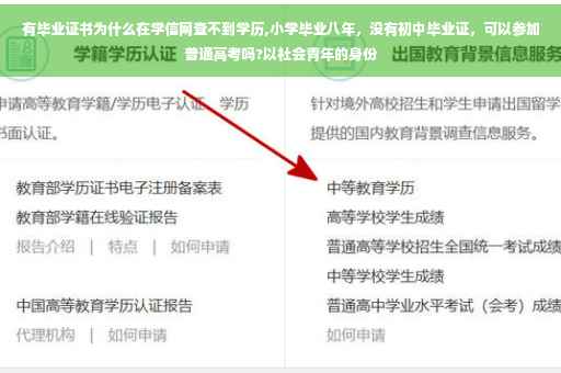 有毕业证书为什么在学信网查不到学历,小学毕业八年,没有初中毕业证,可以参加普通高考吗?以社会青年的身份 有毕业证书为什么在学信网查不到学历,小学毕业八年,没有初中毕业证,可以参加普通高考吗?以社会青年的身份