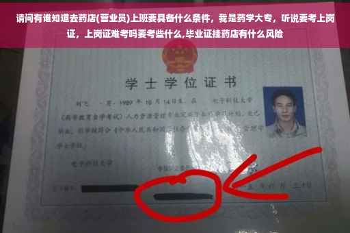 请问有谁知道去药店(营业员)上班要具备什么条件，我是药学大专，听说要考上岗证，上岗证难考吗要考些什么,毕业证挂药店有什么风险