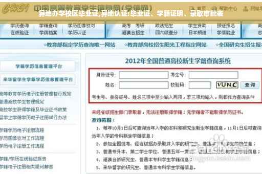 异地办学校区毕业证,异地认证:毕业证、学籍证明、录取审批表