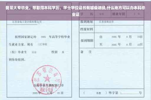 我是大专毕业，想取得本科学历、学士学位证书有哪些途径,什么地方可以办本科毕业证