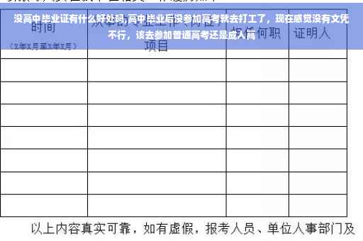 没高中毕业证有什么好处吗,高中毕业后没参加高考就去打工了,现在感觉没有文凭不行,该去参加普通高考还是成人高 没高中毕业证有什么好处吗,高中毕业后没参加高考就去打工了,现在感觉没有文凭不行,该去参加普通高考还是成人高