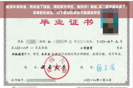 我高中没毕业，然后去了技校，现在想升学历，如何升？谢谢,高二辍学两年多了，没拿到毕业证，问下我现在怎样才能提高学历