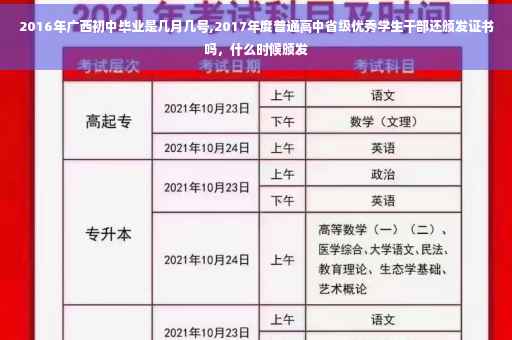 2016年广西初中毕业是几月几号,2017年度普通高中省级优秀学生干部还颁发证书吗，什么时候颁发