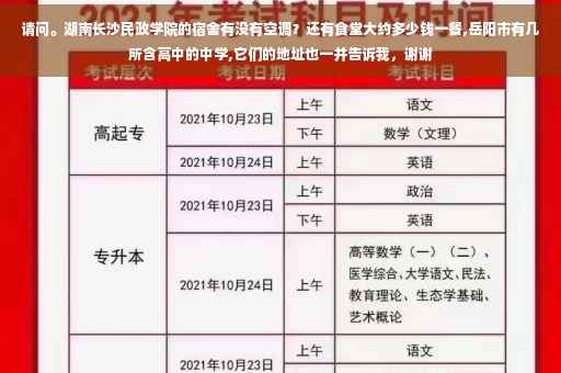 请问。湖南长沙民政学院的宿舍有没有空调？还有食堂大约多少钱一餐,岳阳市有几所含高中的中学,它们的地址也一并告诉我，谢谢
