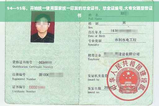 94—95年，开始统一使用国家统一印发的毕业证书，毕业证编号,大专女晒荣誉证书