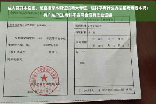 成人高升本在读，是直接拿本科证没有大专证，这样子有什么办法报考专插本吗？有广东户口,专科不实习会没有毕业证嘛