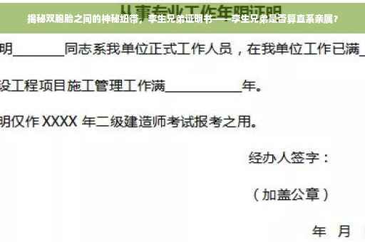 揭秘双胞胎之间的神秘纽带，孪生兄弟证明书——孪生兄弟是否算直系亲属？